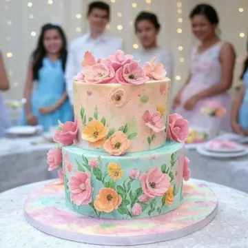 Un hermoso pastel de dos pisos con decoración floral en tonos pastel, adornado con flores en relieve. En el fondo, un grupo de jóvenes vestidos elegantemente sonríen, con luces brillantes creando un ambiente festivo.