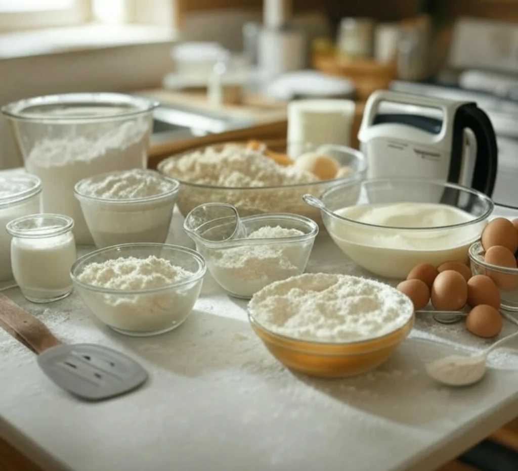 ingredientes para pastel, preparación de pastel de cumpleaños, harina y huevos para repostería, cocina casera, receta de pastel