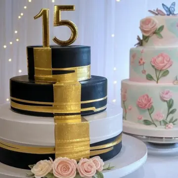 Un elegante pastel de tres pisos en blanco y negro con detalles dorados y el número 15 en la parte superior, diseñado para una celebración de quinceañera. Detrás, otro pastel decorado con rosas en tonos pastel y mariposas, en un ambiente festivo con luces brillantes