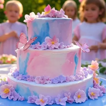 Un pastel de tres pisos con un diseño acuarelado en tonos rosa y azul, decorado con flores lilas y mariposas. En el fondo, niñas vestidas de rosa observan con alegría en un entorno al aire libre con flores.