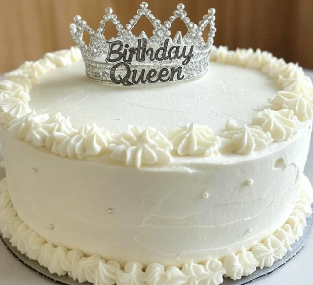 pastel de cumpleaños, tarta blanca decorada, Birthday Queen, pastel elegante, postre festivo