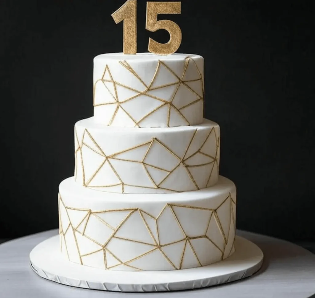 Pastel de tres pisos para quinceañera, cubierto con fondant blanco, decorado con patrones geométricos dorados y el número 15 en la cima, sobre un fondo negro que resalta su elegancia